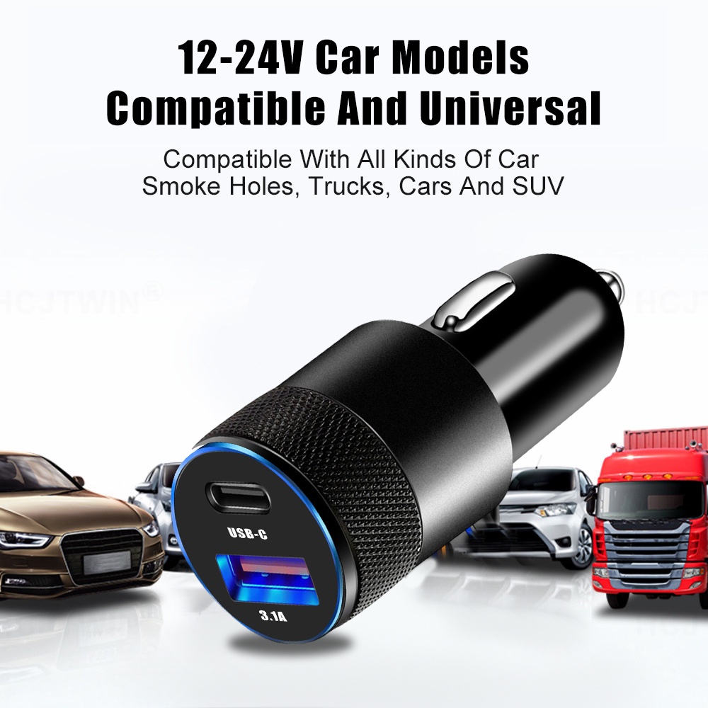 Tẩu Sạc Nhanh 15W 2 cổng USB Type-C Màu Đen Đa Năng Cho Xe Hơi Ô Tô