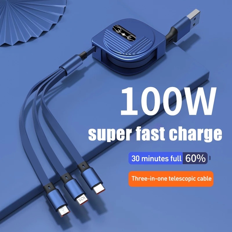 Ảnh nhỏ của Dây Cáp Sạc nhanh 6A 100W 3 Trong 1 Rút Được gọn tiện lợi Cho Huawei Honor Xiaomi Samsung Dây Cáp Sạc nhanh 6A 100W 3 Trong 1 Rút Được gọn tiện lợi Cho Huawei Honor Xiaomi Samsung