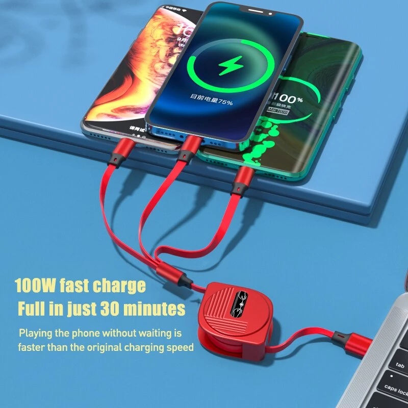 Ảnh nhỏ của Dây Cáp Sạc nhanh 6A 100W 3 Trong 1 Rút Được gọn tiện lợi Cho Huawei Honor Xiaomi Samsung Dây Cáp Sạc nhanh 6A 100W 3 Trong 1 Rút Được gọn tiện lợi Cho Huawei Honor Xiaomi Samsung