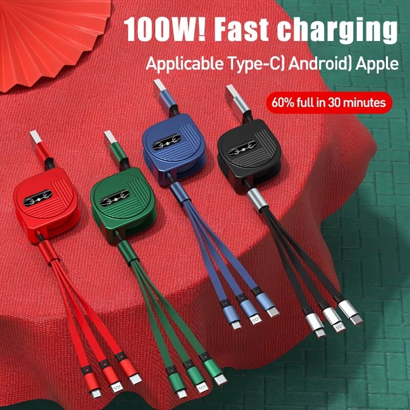 Dây Cáp Sạc nhanh 6A 100W 3 Trong 1 Rút Được gọn tiện lợi Cho Huawei Honor Xiaomi Samsung